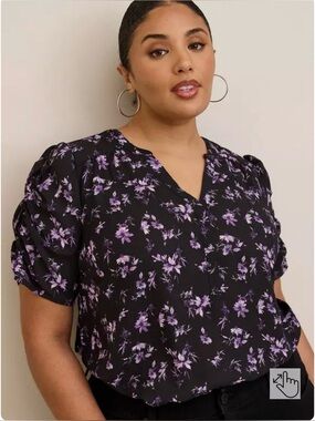 Torrid Harper Georgette Ruched Short Sleeve Blouse Black Floral size 2x